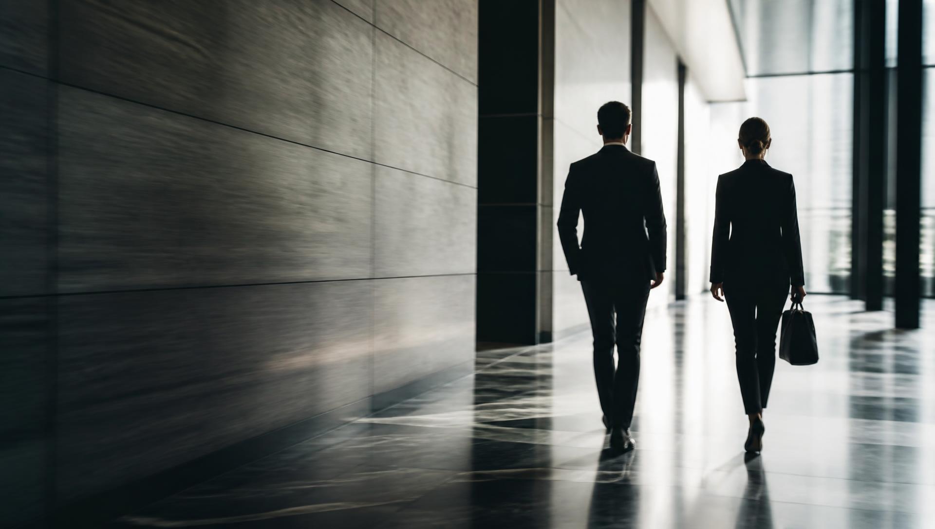 Dois profissionais caminhando por um corredor corporativo